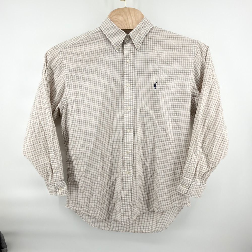 Ralph Lauren Yarmouth Shirt Mens 16.5 34 Plaid Button Down Dress Cotton‎ Beige
